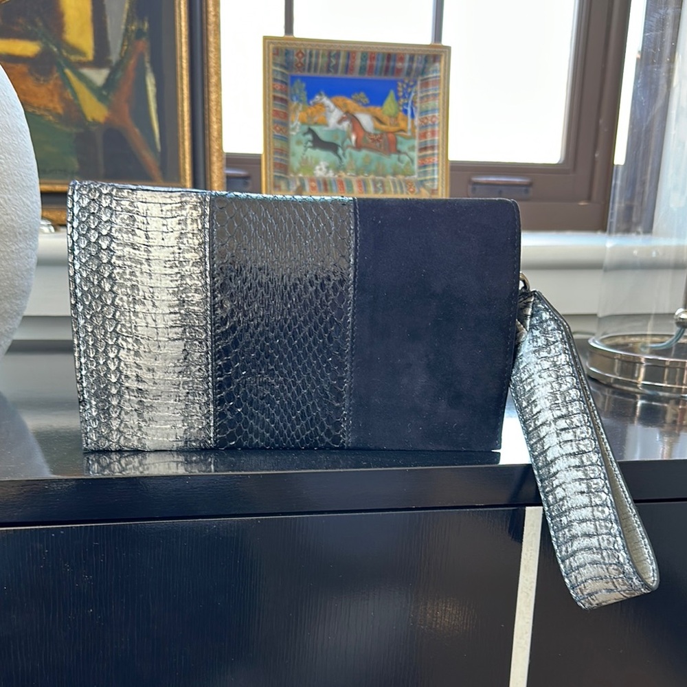 Elena Ghisellini Suede & Snakeskin Wristlet Clutch